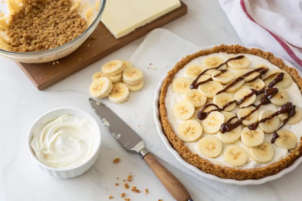 Step-by-step process of making banana split cake with layers of bananas, cream filling, and graham cracker crust
