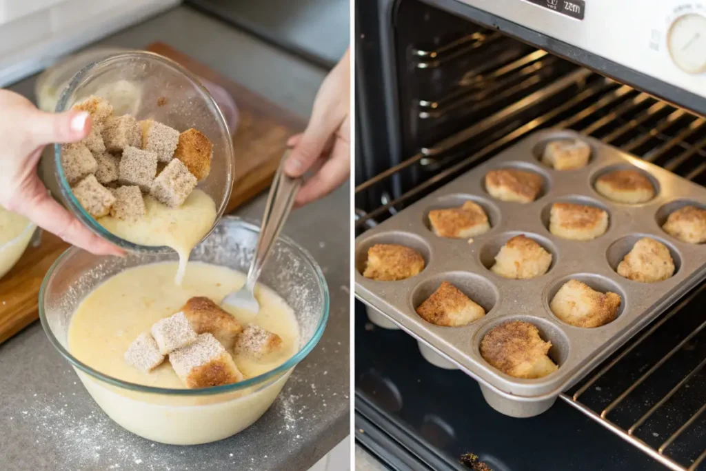 Bread cubes soaking in a cinnamon-egg mixture before baking