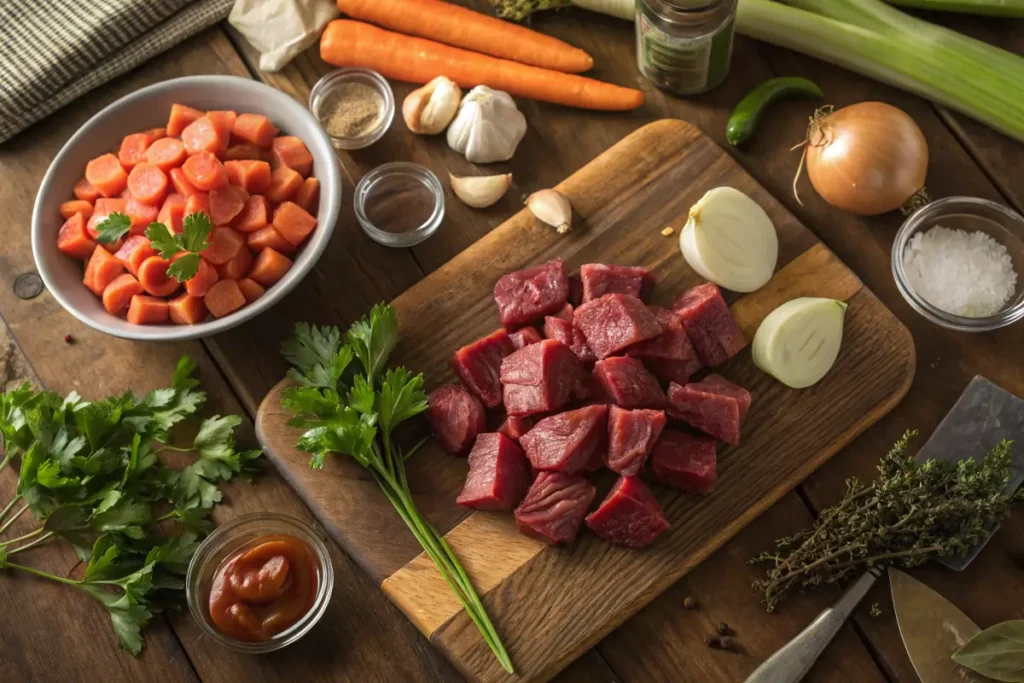 Fresh ingredients for making old-fashioned vegetable beef soup, including beef, vegetables, and seasonings.