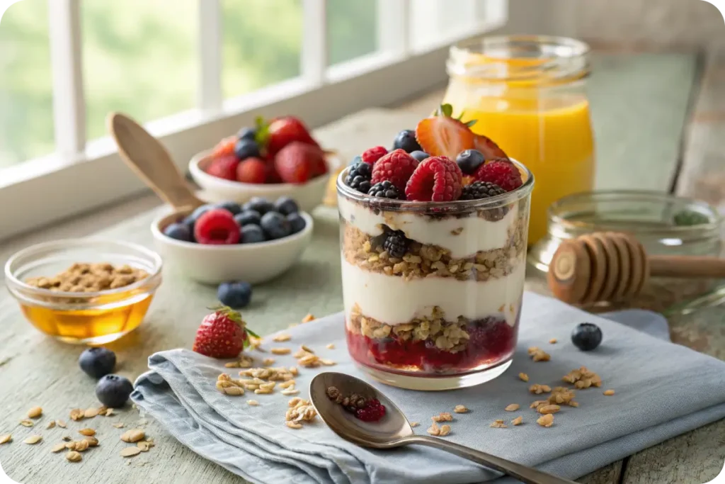 Breakfast parfait with Fage Yogurt, granola, and mixed berries
