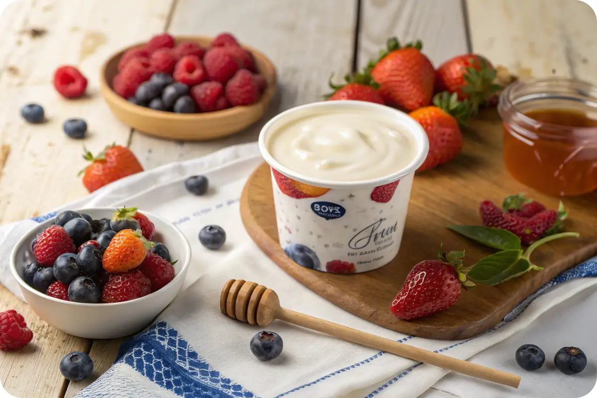 Oikos yogurt with fresh berries and honey on a wooden table