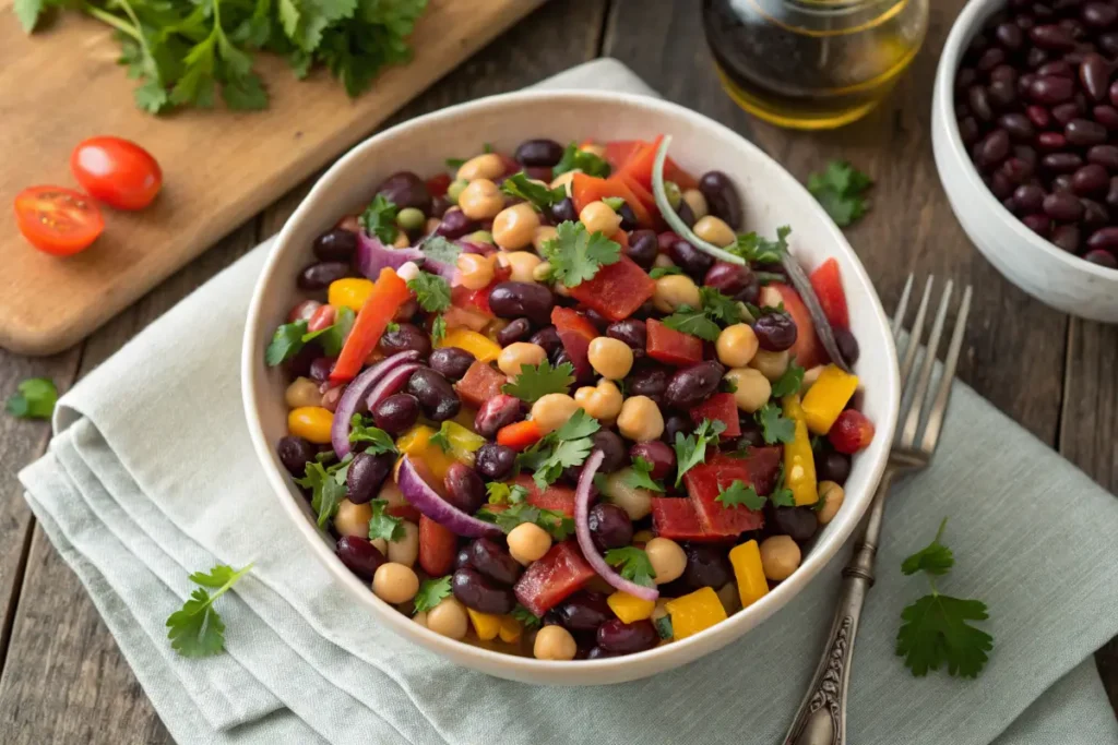 A bowl of colorful dense bean salad with fresh vegetables.