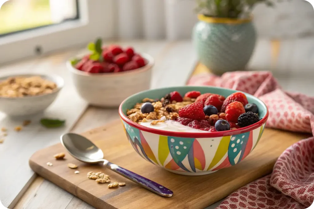 A smoothie bowl made with Activia yogurt, berries, and granola.