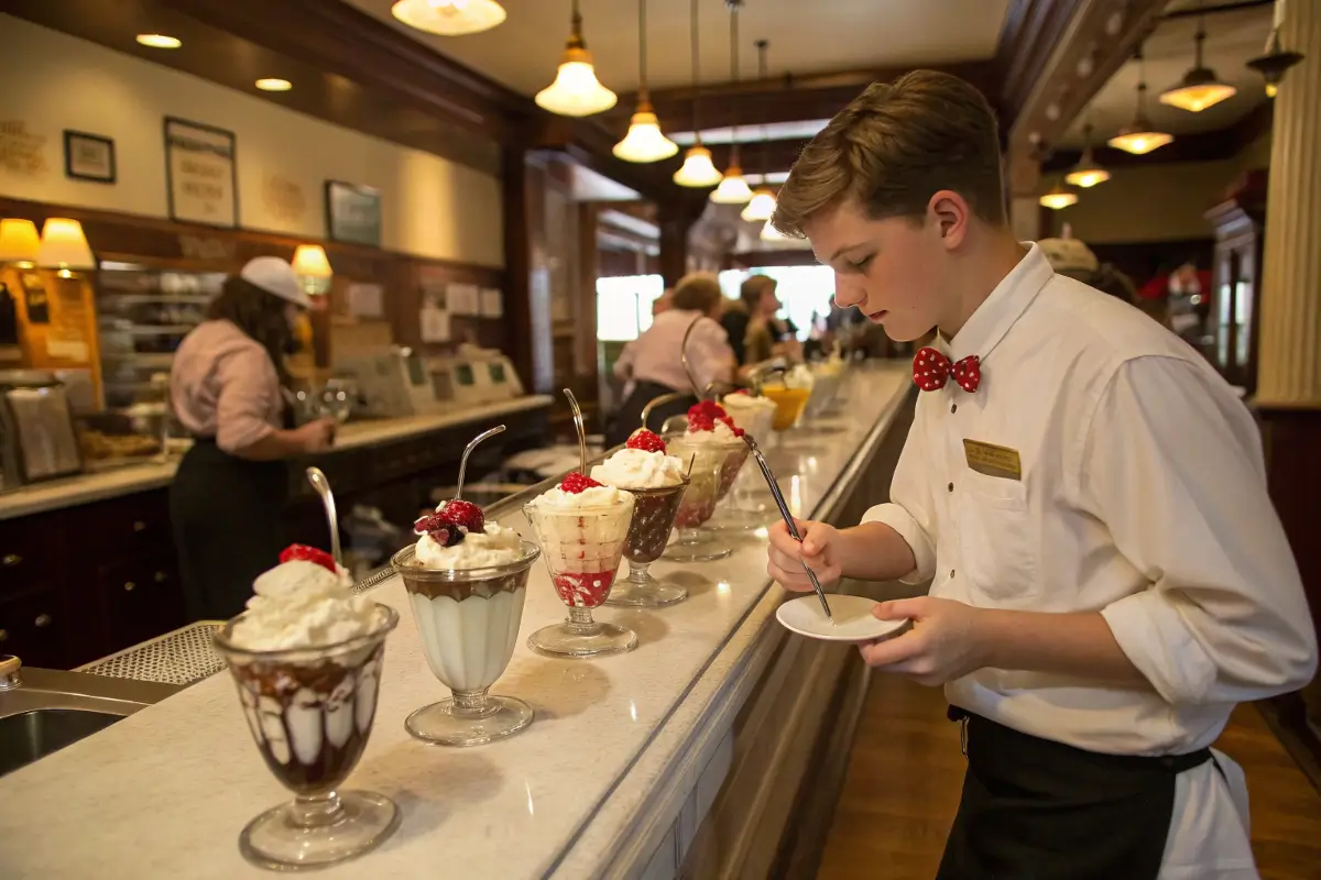Vintage soda fountain serving the first banana split in 1904