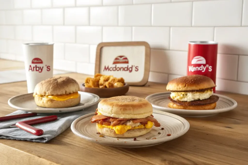 Arby’s breakfast vs. McDonald’s and Wendy’s breakfast sandwiches on plates.