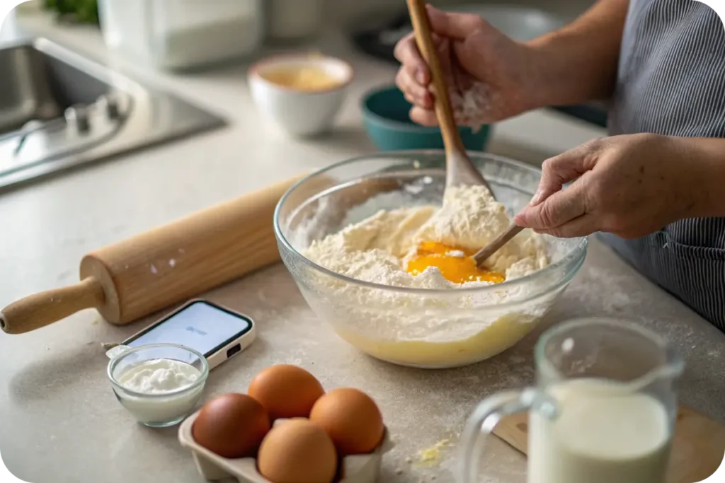 Ingredients and preparation steps for a 5 ingredient yogurt cake.
