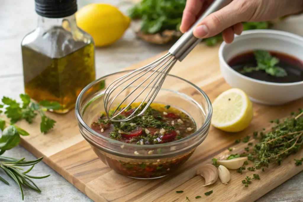 Préparation de la sauce salade grecque avec huile d’olive, vinaigre et origan.