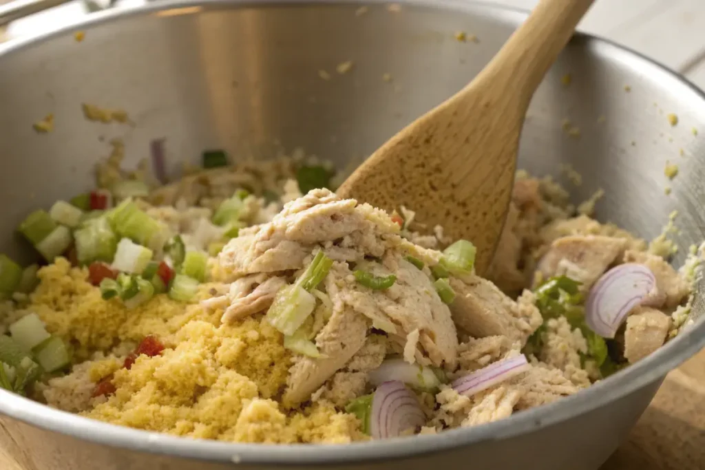 Cornbread crumbles mixed with shredded chicken and vegetables