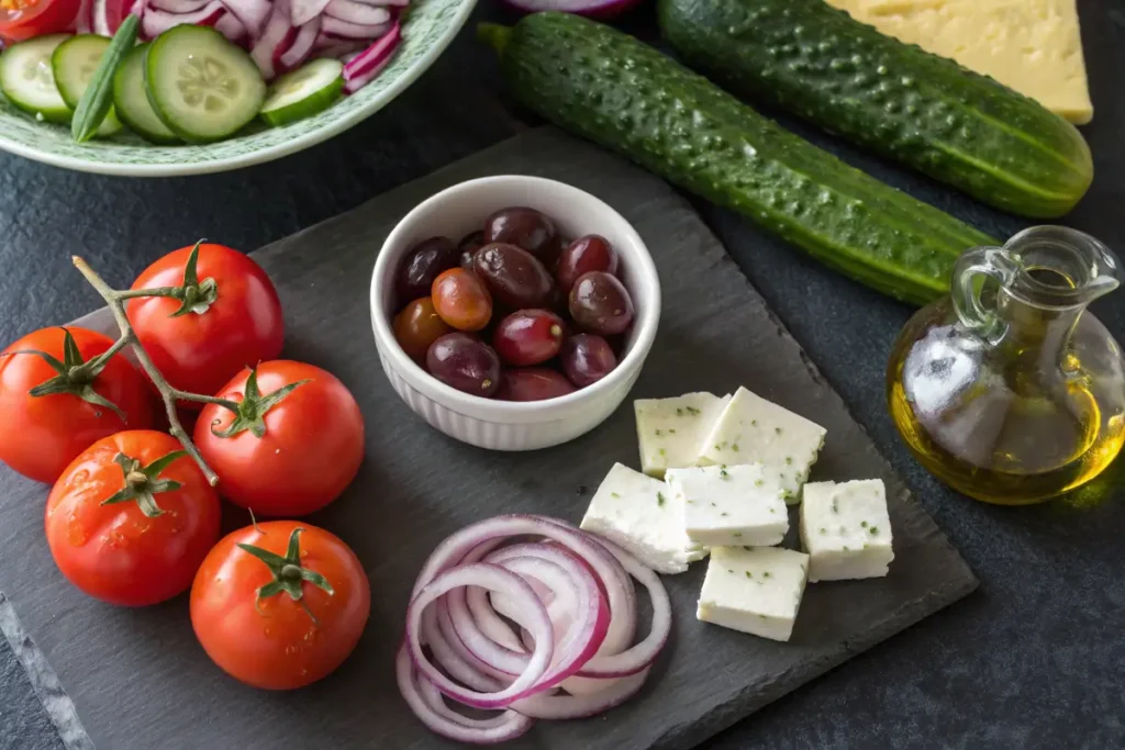 This close-up showcases the fresh, quality ingredients needed to create a traditional Salade Grecque, emphasizing their natural textures and colors.