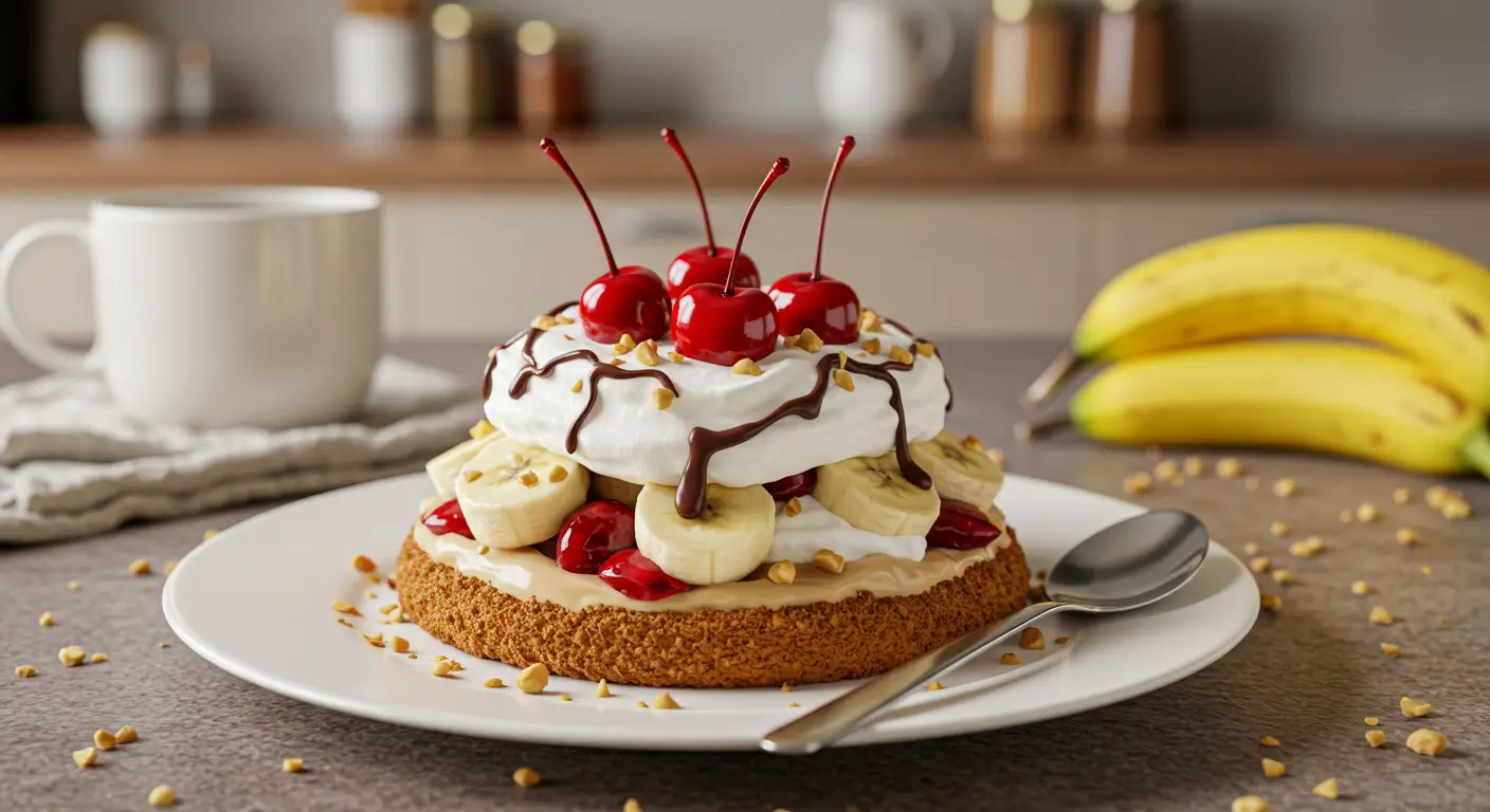 Banana split cake topped with cherries, whipped cream, and chocolate drizzle