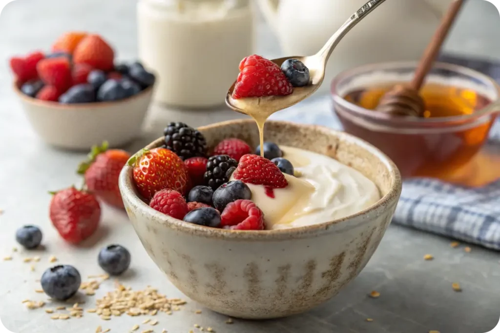 Spoonful of creamy Chobani Yogurt with berries and honey