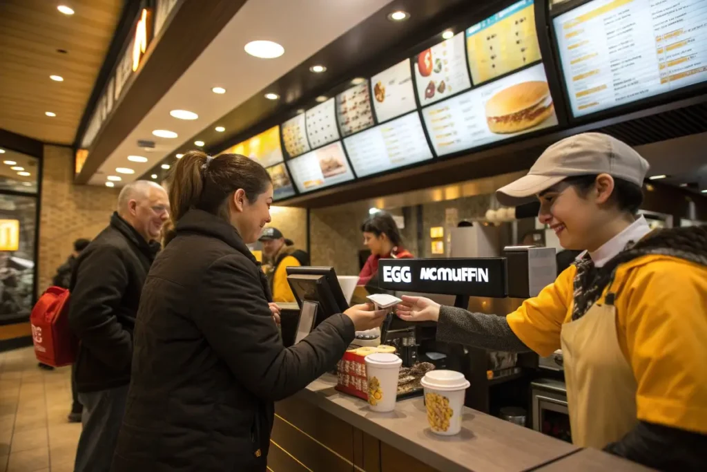 A McDonald's counter displaying breakfast menu items and a customer receiving an order