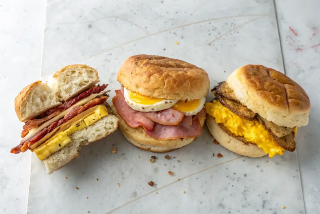 Three different Arby’s breakfast sandwiches cut in half to show ingredients.