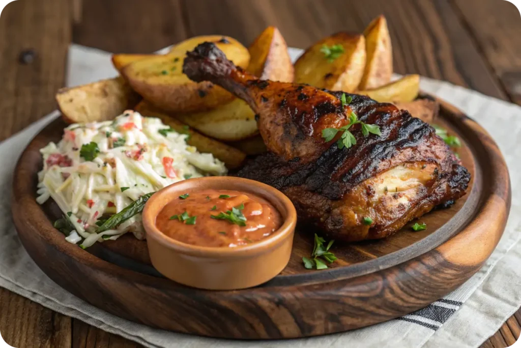 Charcoal-grilled chicken leg quarter with roasted potatoes and sauces.
