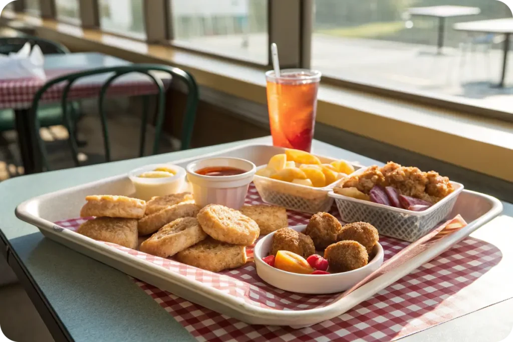 Chicken Minis served with hash browns, fruit cup, and iced tea.