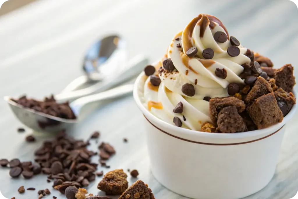 Frozen yogurt with chocolate toppings
