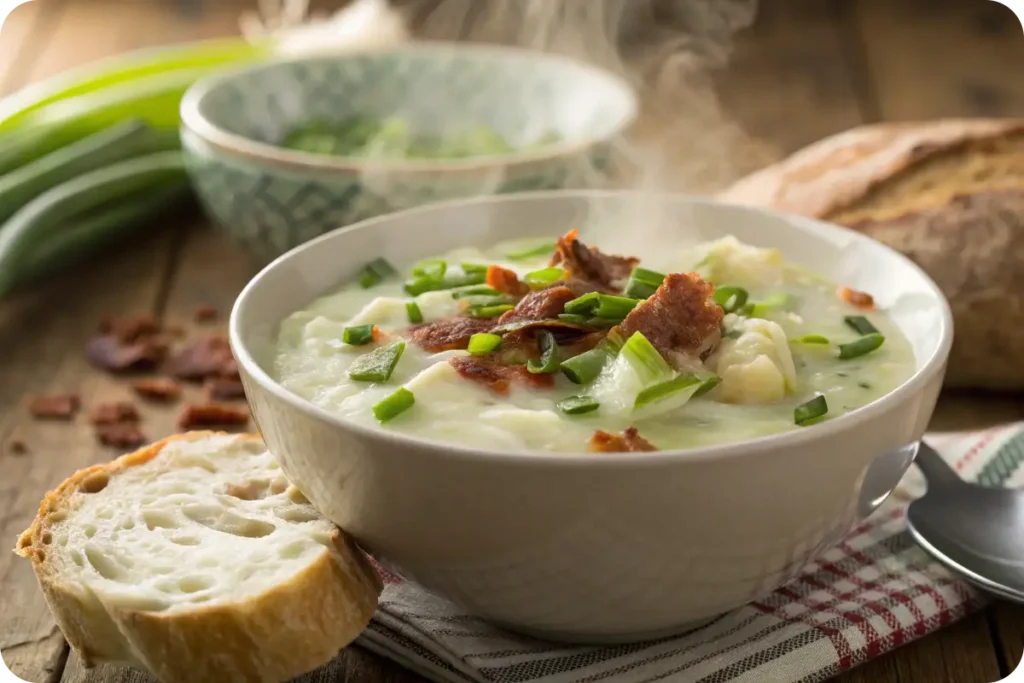 reamy Colcannon Soup with bacon and green onions in a rustic bowl.