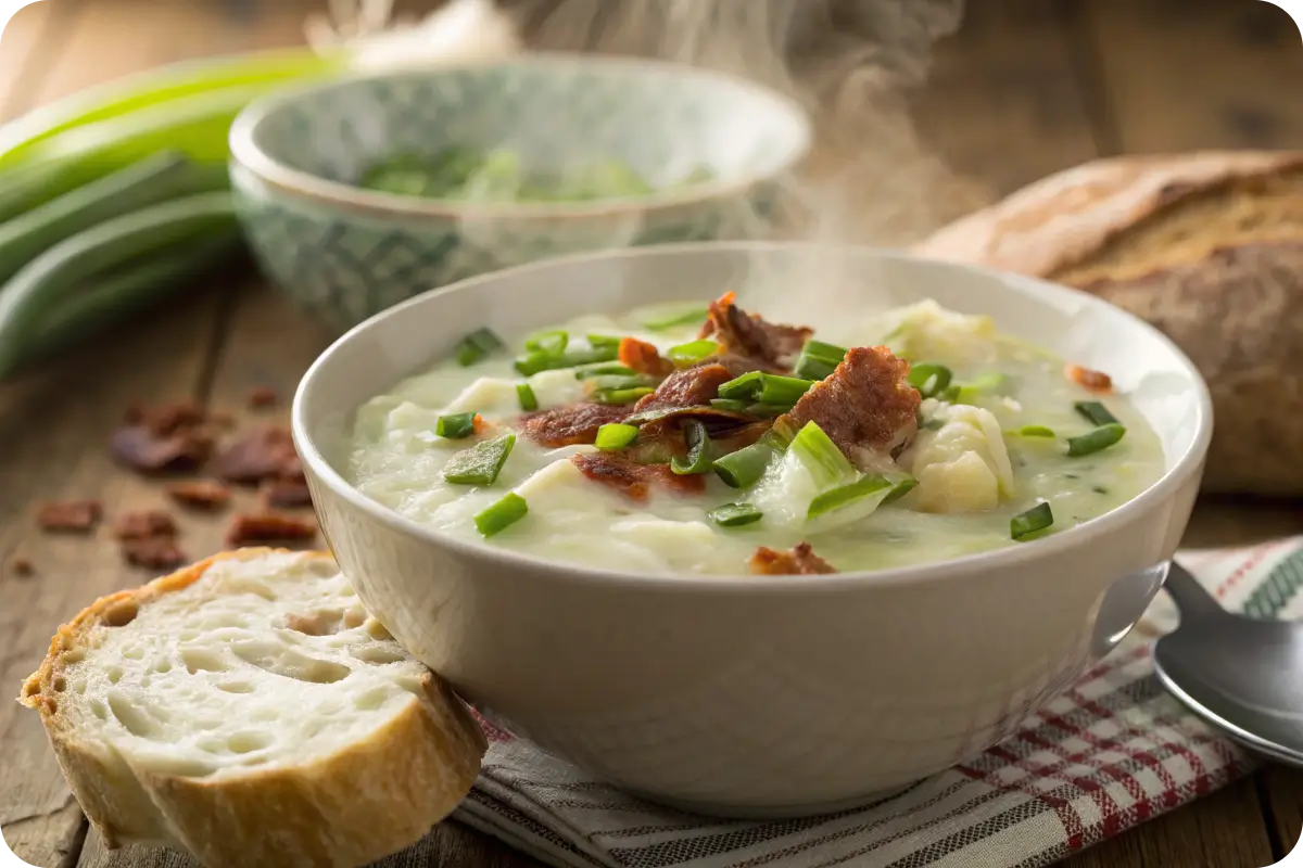 reamy Colcannon Soup with bacon and green onions in a rustic bowl.