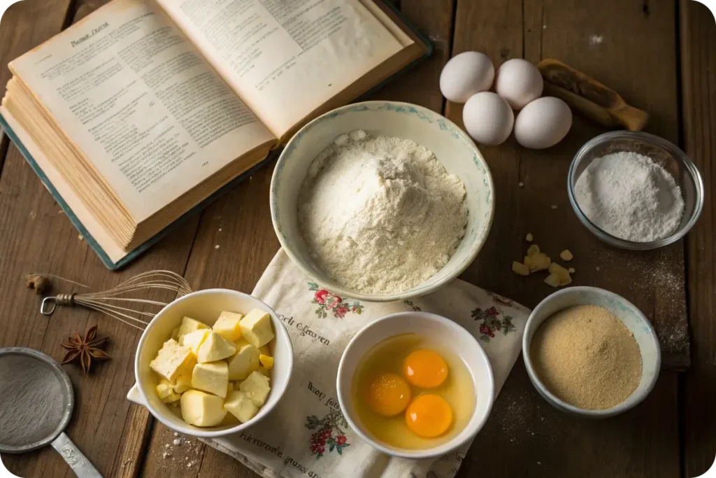 Five basic cake ingredients: flour, sugar, eggs, butter, baking powder