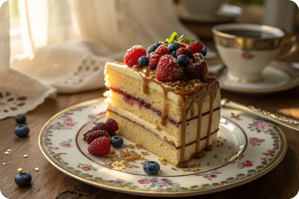 Slice of 1234 cake with buttercream, berries, and caramel on vintage plate

