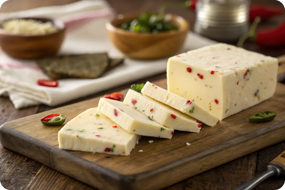 Close-up of pepper jack cheese with visible jalapeños.