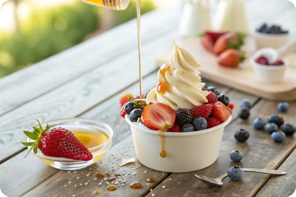 Creamy frozen yogurt with fresh fruit and honey drizzle