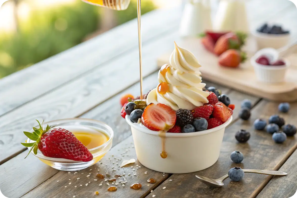 Creamy frozen yogurt with fresh fruit and honey drizzle