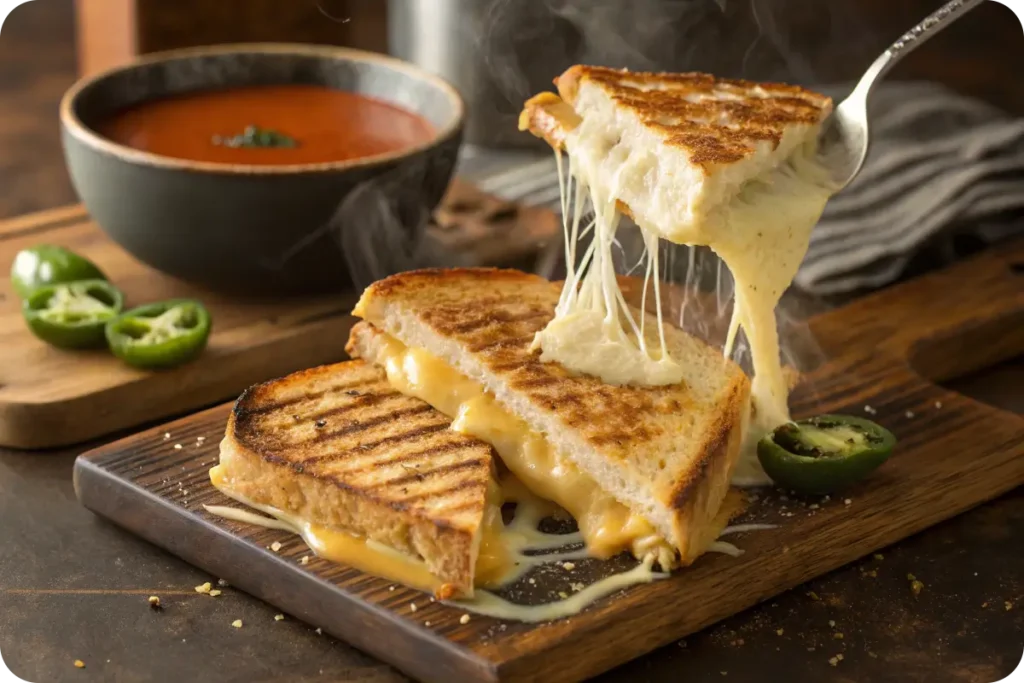 A grilled cheese sandwich made with pepper jack cheese.
