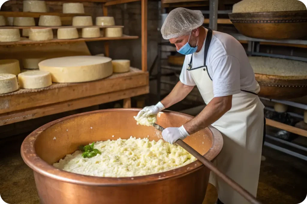Cheesemaker preparing pepper jack cheese in a dairy.