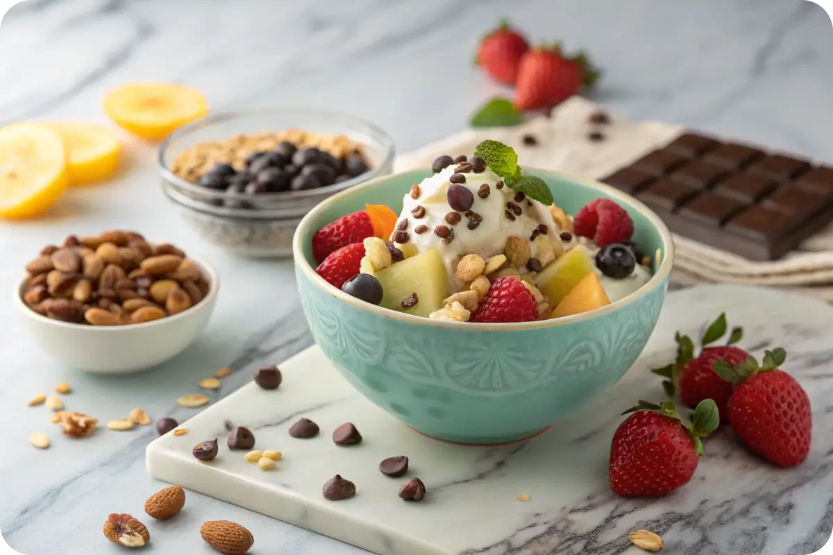 Frozen yogurt bowl with assorted toppings