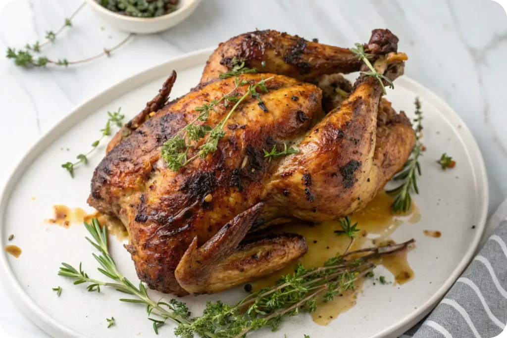 Crispy, golden-brown charcoal chicken with smoke rising from the grill.