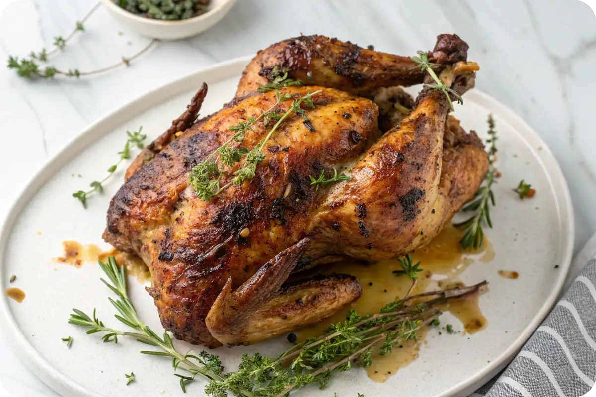 Crispy, golden-brown charcoal chicken with smoke rising from the grill.