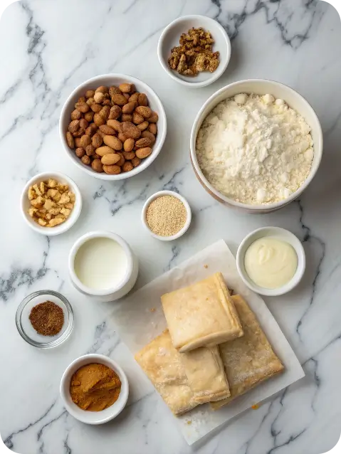 Ingredients for Om Ali recipe arranged on countertop