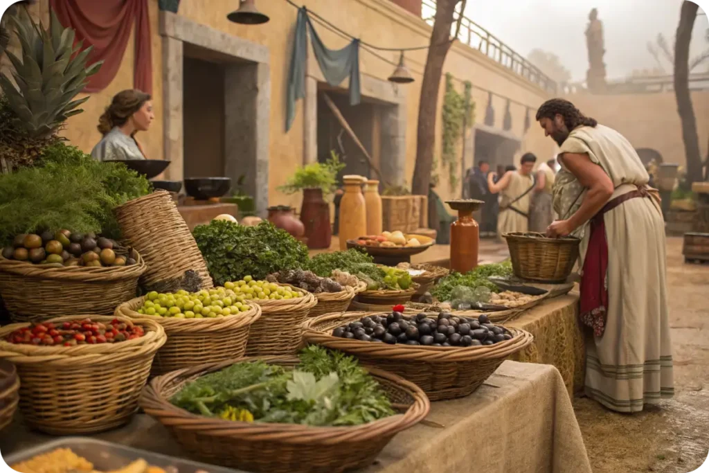 Ancient Greek market with fresh salad ingredients