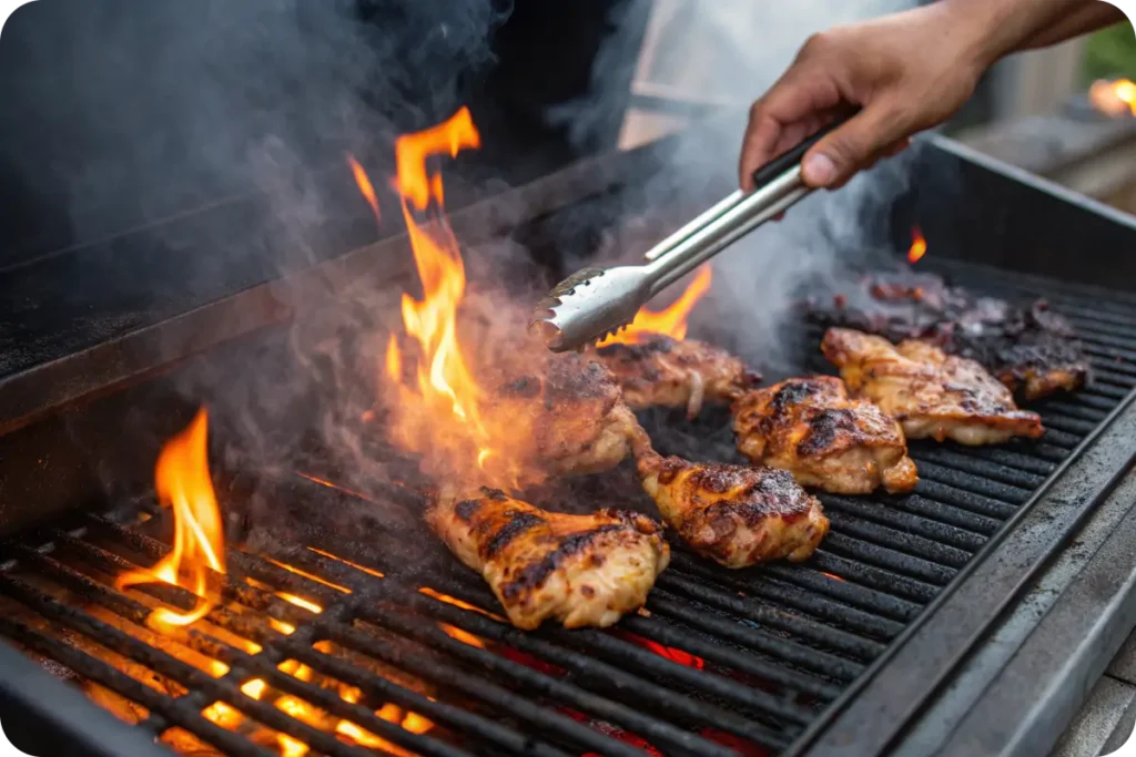 Juicy marinated chicken grilling over hot charcoal with smoke rising.