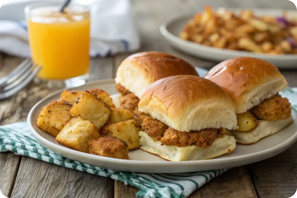 Close-up of freshly made Chicken Minis served with hash browns and orange juice.