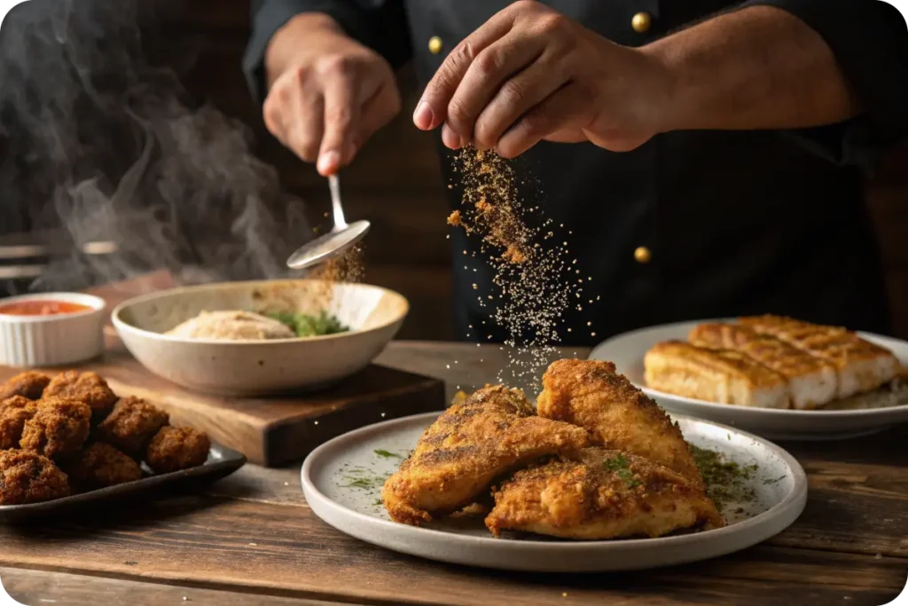 Secret spice blends for crispy fried chicken and fish.
