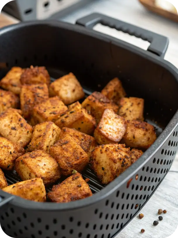 easoned chicken cubes in air fryer basket before cooking