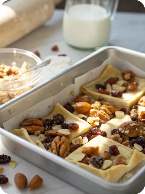 Puff pastry and nuts mixture for Om Ali recipe in baking dish