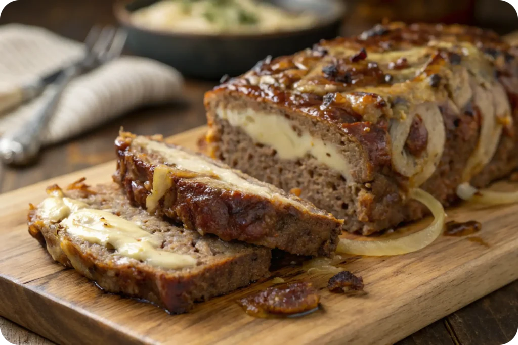 Sliced French onion meatloaf with caramelized onions and melted Gruyère cheese