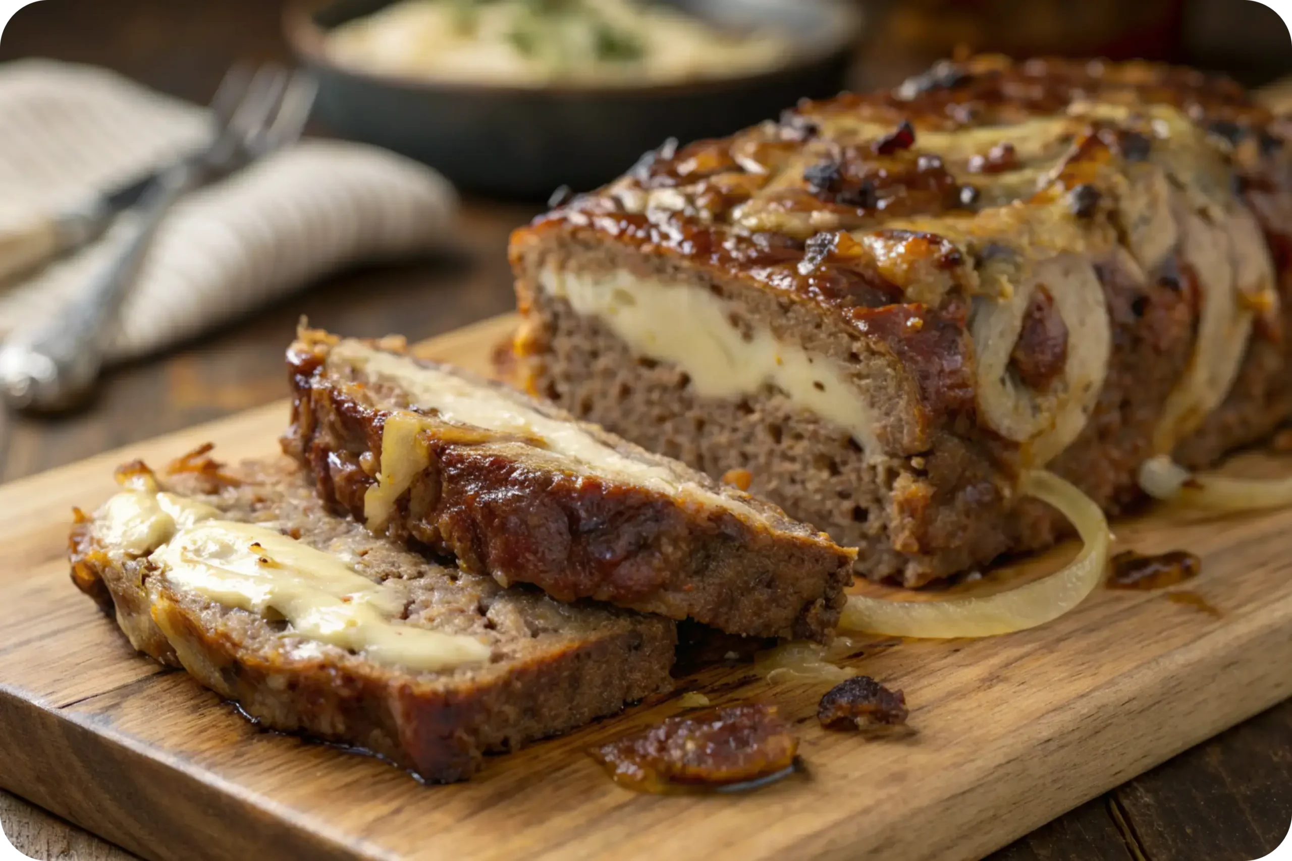 Sliced French onion meatloaf with caramelized onions and melted Gruyère cheese