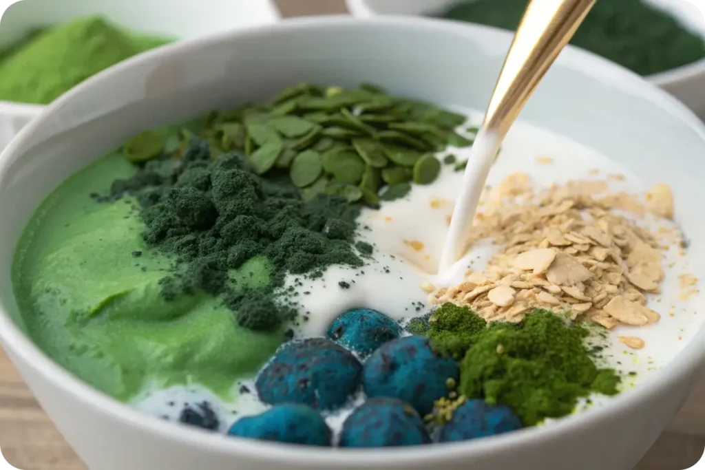 Algae being mixed into almond milk yogurt