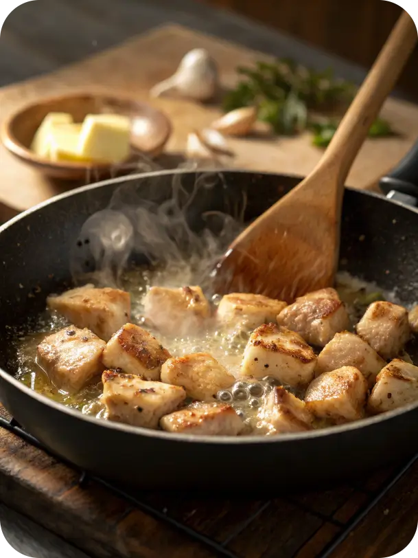Cooking garlic butter chicken bites in a skillet