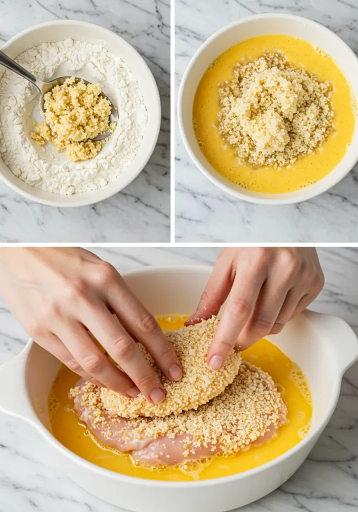 Three-step breading process for Longhorn Parmesan Crusted Chicken