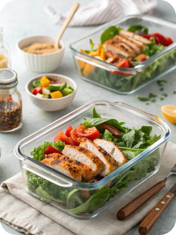 Meal prep containers with air fryer chicken salad