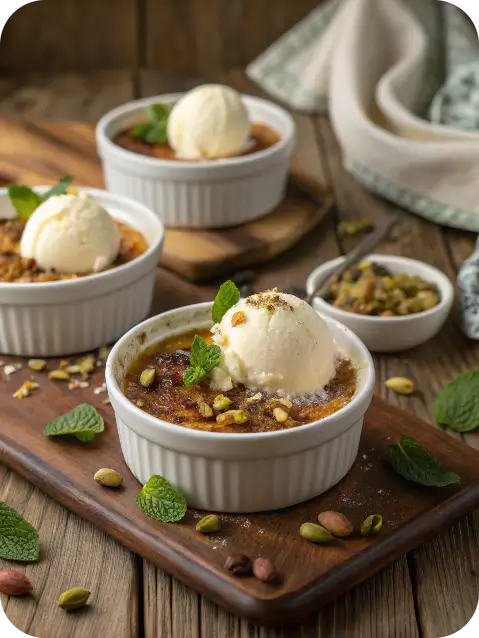 Om Ali served with ice cream and pistachio garnish