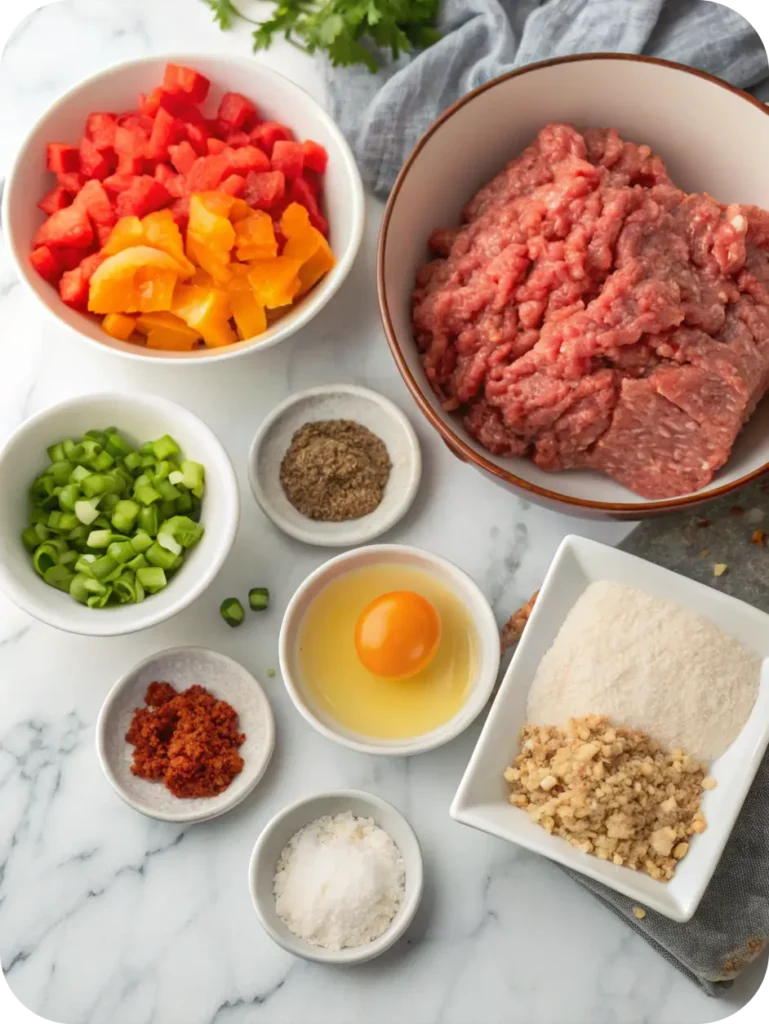 Ingredients for spicy meatloaf recipe arranged in separate bowls