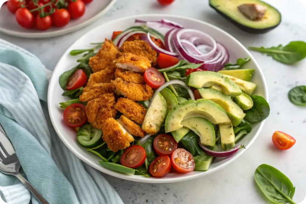 Crispy air fryer chicken salad with fresh vegetables and homemade dressing