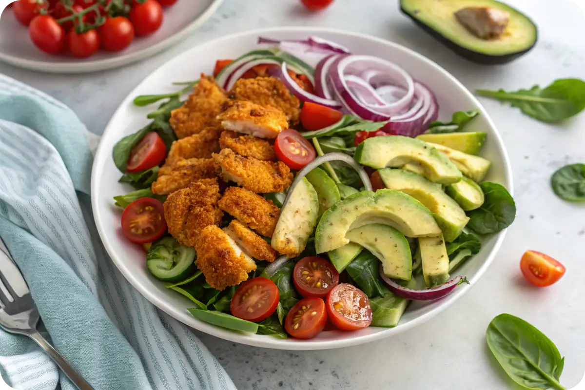 Crispy air fryer chicken salad with fresh vegetables and homemade dressing