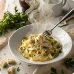 Fork twirling creamy parmesan pasta with garlic butter chicken bite